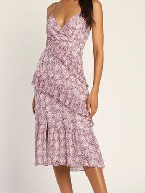 Lulu's Lavender Pink Floral Wrap Midi Dress
